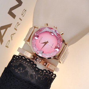 玛莎莉女士手表玫瑰金属钢带大红色表盘水钻时尚圆形石英国产腕表