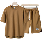 夏季短袖套装男士圆领t恤高端纯色半袖开钗薄款透气五分裤两件套
