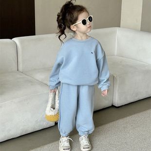 儿童蓝色卫衣卫裤套装女童，2024运动洋气休闲春秋时髦韩版时尚