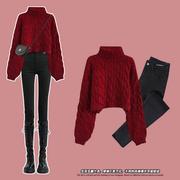 红色短款高领毛衣女(毛，衣女)秋冬法式气质麻花加厚加绒保暖针织打底衫