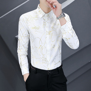 潮流烫金印花衬衫男士长袖xs码s小号修身韩版帅气发型师个性衬衣