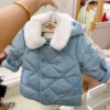 韩国童装23冬男女童宝，双排扣毛领带帽，纯色洋气羽绒服外套b4