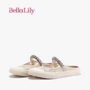 bellalily2024水钻半包拖鞋女时尚，蕾丝平底鞋一脚蹬休闲鞋