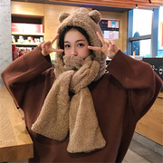 可爱小熊帽子围巾一体加厚学生，针织保暖连体帽，围脖女冬韩版双面