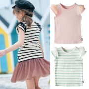 出口日本女童夏季纯棉短袖薄款T恤儿童休闲纯色条纹圆领套头上衣