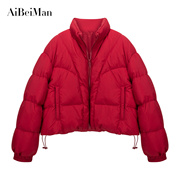 红色羽绒服女短款2023年冬季韩版宽松时尚，面包服90白鸭绒(白鸭绒)外套