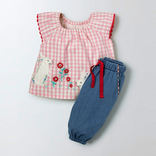 女童短袖红格子衬衫娃娃衫，牛仔裤夏季套装，半袖t恤灯笼裤2件套