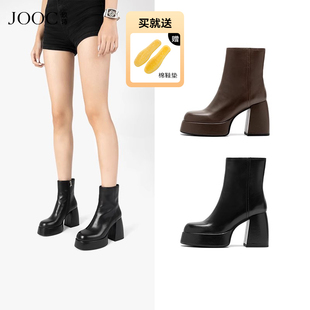 jooc玖诗粗高跟短靴女2023秋冬防水台胎牛皮时装靴短筒靴女鞋