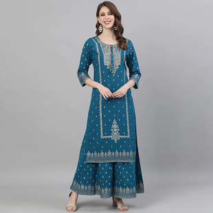 印度服饰女装民族风，春夏套装2件纯棉，印花藏青色3017