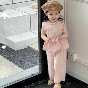女童甜美粉色套装韩国童装2024夏季女宝宝蕾丝边无袖两件套头