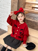 重工新年款~女童宝宝甜美红色蝴蝶结针织衫百搭包芯纱针织外套
