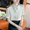 纯色立领雪纺衫女夏装2023韩版宽松短袖蕾丝拼接钉珠套头衬衫