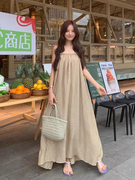 韩国chic夏季法式度假风一字，领露肩纹理感宽松休闲吊带连衣裙长裙