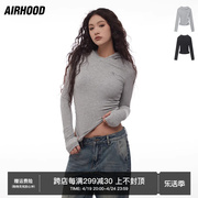 airhood欧美连帽长袖t恤女2024春季纯色辣妹，修身显瘦打底衫上衣