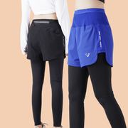 五个口袋秋冬跑步短裤女加绒，健身薄款打底长裤假两件运动裤马拉松