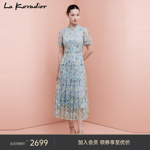 La Koradior拉珂蒂2023夏花纱层叠塔裙中长款法式优雅连衣裙