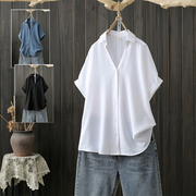 夏季大码200斤雪纺衬衫，女设计感小众，韩版薄款宽松垂感短袖上衣潮