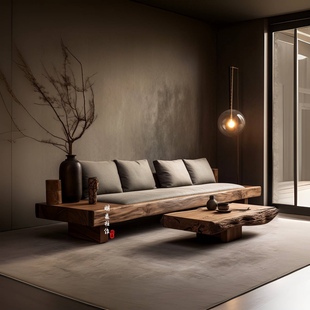 原木自然边家具中古侘寂风纯实木客厅沙发，榫卯结构大小尺寸可定制