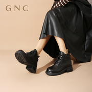 gnc短靴女2023冬商场同款英伦，风低筒黑色真皮，百搭通勤马丁靴