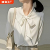 设计感小众蝴蝶结气质缎面长袖，女2024年不易皱短袖职业白衬衫