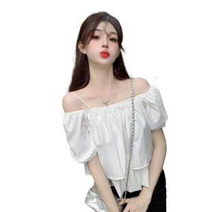NHZN 春季韩版一字肩吊带泡泡袖娃娃衫方领短袖衬衫上衣 女款