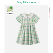 青蛙王子格子短袖连衣裙，小女孩娃娃领公主裙，夏季洋气童装长裙子