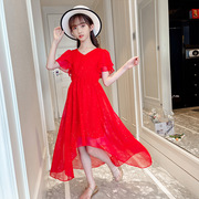 红色连衣裙女童炸街高级感夏装前短后长大童不规则燕尾雪纺公主裙