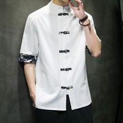 亚麻衬衫男短袖中国风改良汉服中式复古唐装半袖上衣夏季棉麻衬衣