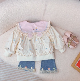 女童韩版娃娃领外套2024洋气，春装女宝宝衣服，儿童春秋时髦上衣