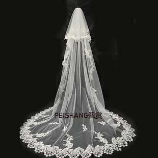 白色长款拖尾蕾丝花边，头纱婚纱遮面双层婚礼，拍照森系新娘长头纱