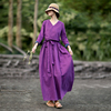 高档紫色麻料连衣裙女民族，风复古秋冬文艺，范收腰显瘦气质长裙