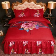 大红结婚四件套婚庆红色床上用品色全棉床裙床罩婚嫁婚床床单被套
