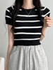 韩国chic夏季温柔系撞色条纹，针织t恤女显瘦百搭圆领，短款短袖上衣