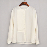 鸿思格hsg-106乳白色纯棉面料，无领设计显瘦休闲宽松长袖圆领衬衫