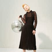 原创设计loudenannan秋季通勤黑色蕾丝复古长袖，收腰针织连衣裙