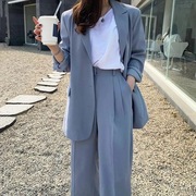 韩国Chic春秋复古套装女西装外套+高腰直筒拖地西裤长裤女两件套