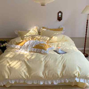 夏季四件套全棉纯棉公主风荷叶花边纯色床上用品三件套床单床笠款
