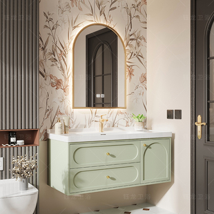 法式轻奢浴室柜组合陶瓷一体卫生间现代简约洗漱台橡木烤漆洗手盆
