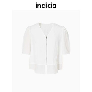 indicia短袖拉链上衣白色V领衬衫春秋季商场同款标记品质女装