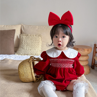 春秋装女童连衣裙娃娃，领红色喜庆周岁，礼服婴儿包屁衣新年公主礼裙