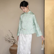初蝉中国风唐装外套，女2024春装中式复古盘扣气质绿色茶服上衣