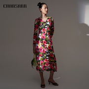 香莎chansarr法式复古浪漫气质连衣裙，高腰修身v领荷叶边长裙