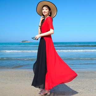 红色双层拼接连衣裙女2024夏三亚(夏三亚)海边度假长裙假两件雪纺沙滩裙