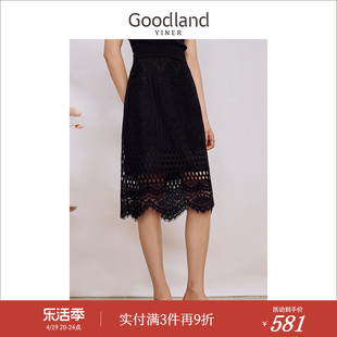 Goodland美地女装2023秋季时尚通勤复古优雅蕾丝包臀半身裙