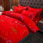 大红色纯棉床上用品加厚四件套结婚全棉，中式婚庆双人床单磨毛被套