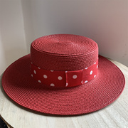 红色甜美可爱百搭防晒草帽复古遮阳英伦，时尚草编帽子平顶帽女夏天
