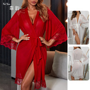 网纱睡袍冰丝雪纺，大红色新娘晨袍女喇叭长袖性感，蕾丝白色外袍