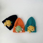 儿童毛线帽子卡通恐龙保暖帽宝宝秋冬护耳帽男女童，韩版针织包头帽(包头帽)