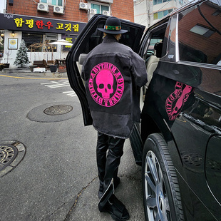 韩国潮牌男士春季韩版粉色骷髅贴布宽松翻领灰色牛仔衬衫外套夹克