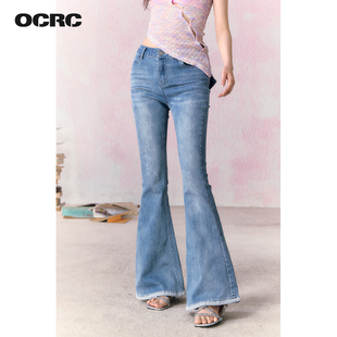 OCRC Official蓝色微辣裤女夏季设计感蕾丝边脚口修身显瘦牛仔裤